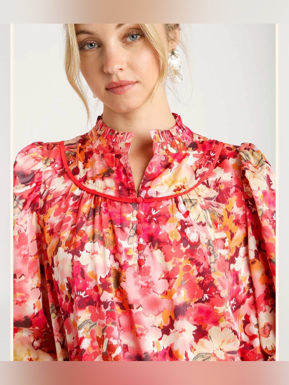 Umgee Floral Button-Front Long Sleeve Blouse Size L NWT Pink Red Multi - Picture 3 of 8